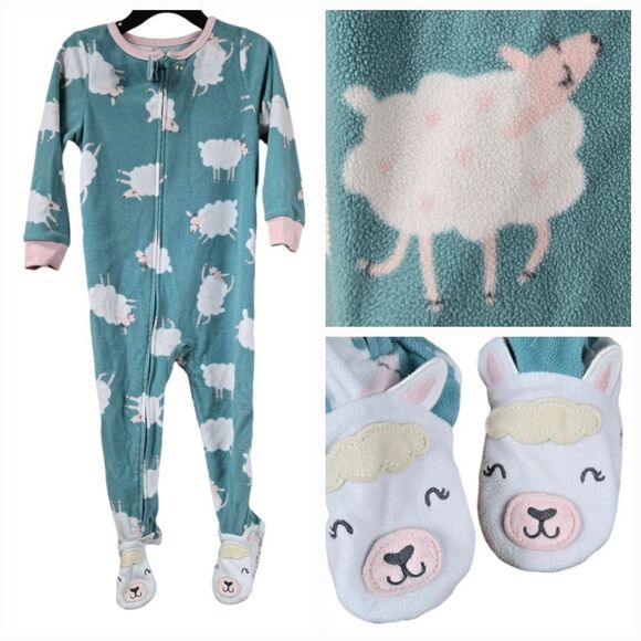 Carter's Girls 2T Green Sheep Print 1-Piece Fleece Footie PJs Sleep Play Pajama - Picture 1 of 7
